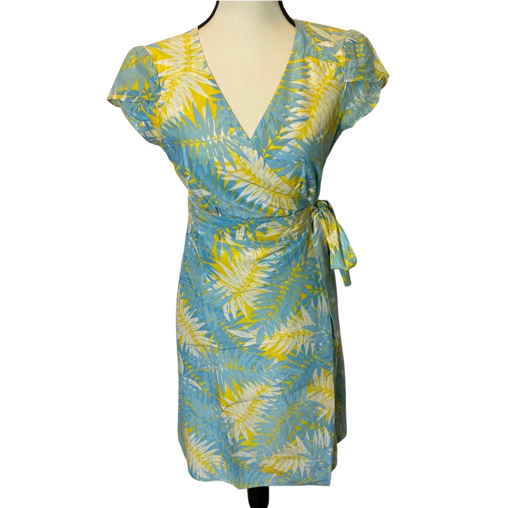 Lilly Pulitzer Tropical Wrap Dress Womens 4 Blue Yellow Silk Cotton Palm Print